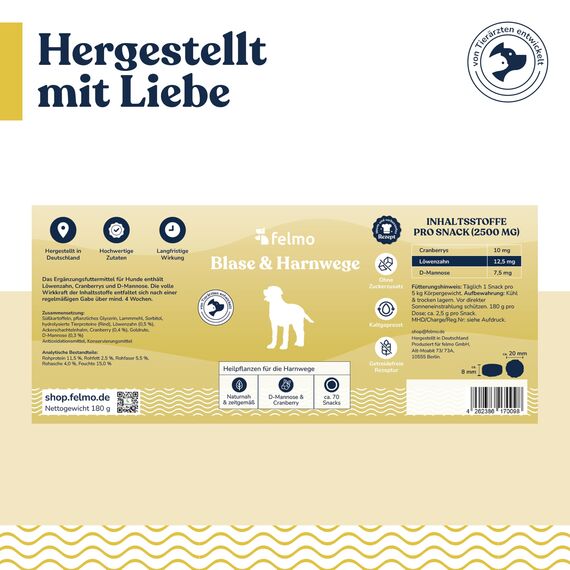 Snack für Hunde mit Cranberries & D-Mannose, ca. 70 Stück – Getreide- & Zuckerfrei mit Ackerschachtelhalm, Löwenzahn, pflanzliche Zutaten in Verbindung mit Blase & Harnwege