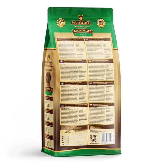 WOLFSBLUT – Green Valley Adult | Trockenfutter mit natürlichen Zutaten und Superfoods für ausgewachsene Hunde. Getreidefreies Alleinfutter ohne Zusatzstoffe im Beutel | 2kg Lamm und Lachs