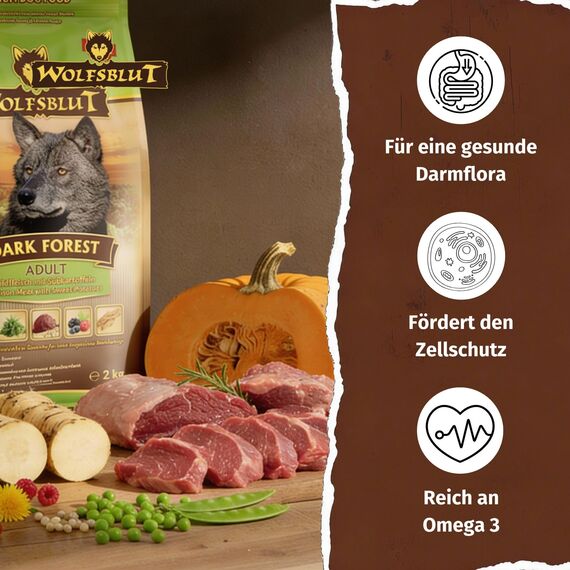 WOLFSBLUT – Dark Forest Adult | Trockenfutter mit natürlichen Zutaten und wertvollen Superfoods für ausgewachsene Hunde. Getreidefreies Alleinfutter ohne Zusatzstoffe im Beutel | 2kg Wild
