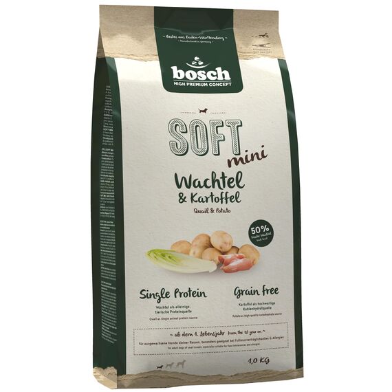 bosch HPC SOFT Mini Wachtel & Kartoffel | halbfeuchtes Hundefutter für ausgewachsene Hunde kleiner Rassen | Single Protein | grain-free | 1 x 2.5 kg