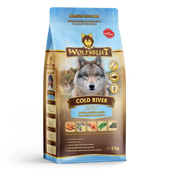 WOLFSBLUT – Cold River Adult | Trockenfutter mit natürlichen Zutaten und wertvollen Superfoods für ausgewachsene Hunde. Getreidefreies Alleinfutter ohne Zusatzstoffe im Beutel | 2kg Forelle