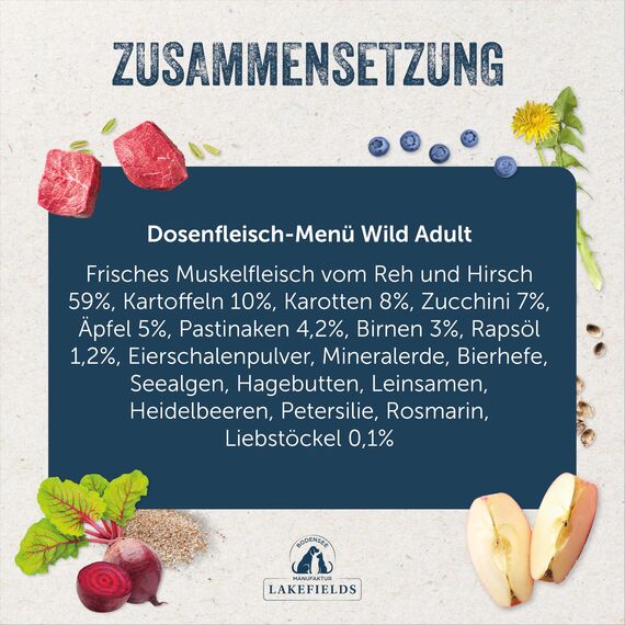 Lakefields Premium Hundefutter Nass | Wild 59% | 400g | Getreidefreies Nassfutter für Hunde | Natürliche Zutaten in Lebensmittelqualität | Karotten, Kartoffeln & Heidelbeeren | Schonend gegart