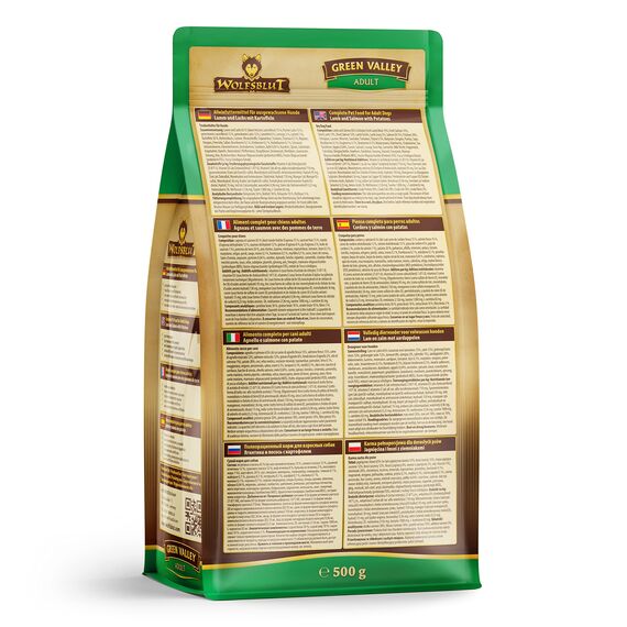WOLFSBLUT – Green Valley Adult | Trockenfutter mit natürlichen Zutaten und Superfoods für ausgewachsene Hunde. Getreidefreies Alleinfutter ohne Zusatzstoffe im Beutel | 500g Lamm und Lachs