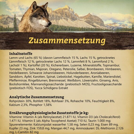 WOLFSBLUT – Green Valley Adult | Trockenfutter mit natürlichen Zutaten und Superfoods für ausgewachsene Hunde. Getreidefreies Alleinfutter ohne Zusatzstoffe im Beutel | 500g Lamm und Lachs
