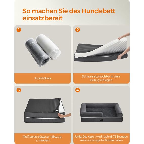 Feandrea Orthopädisches Hundebett, Hundekissen, Hundekorb, weiche Polsterung, Hundesofa, erhöhte Ränder, Bezug abnehmbar und waschbar, 106 x 71 x 18 cm, rutschfeste Unterseite, dunkelgrau PGW077G01V1