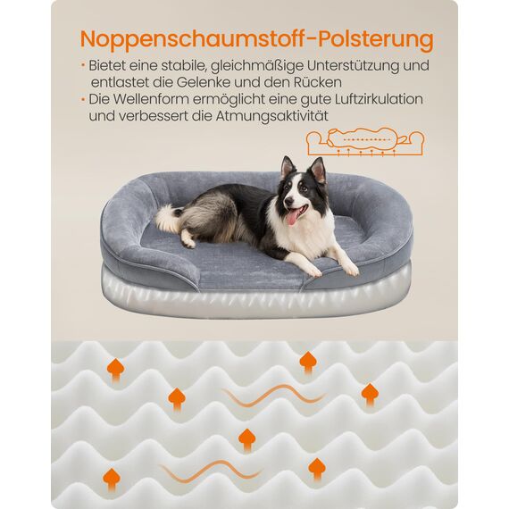Feandrea Hundebett, Hundekissen, für große Hunde, 91 x 68 x 18 cm, orthopädisch, wasserdichte Innenschicht, erhöhte Ränder, Abnehmbarer, waschbarer Bezug, rutschfest, hellgrau PGW282G01