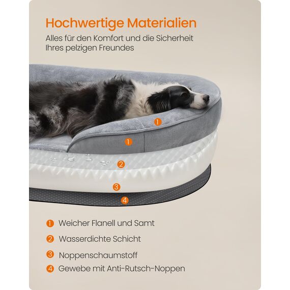 Feandrea Hundebett, Hundekissen, für große Hunde, 91 x 68 x 18 cm, orthopädisch, wasserdichte Innenschicht, erhöhte Ränder, Abnehmbarer, waschbarer Bezug, rutschfest, hellgrau PGW282G01