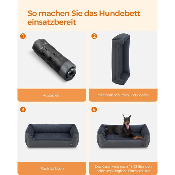 Feandrea Hundebett, Hundekissen in Leinenoptik, Hundekorb, erhöhte Ränder, rutschfeste Unterseite, Bezug abnehmbar waschbar, XXL, für extra große Hunde, 120 x 90 x 30 cm, dunkelgrau PGW013G01