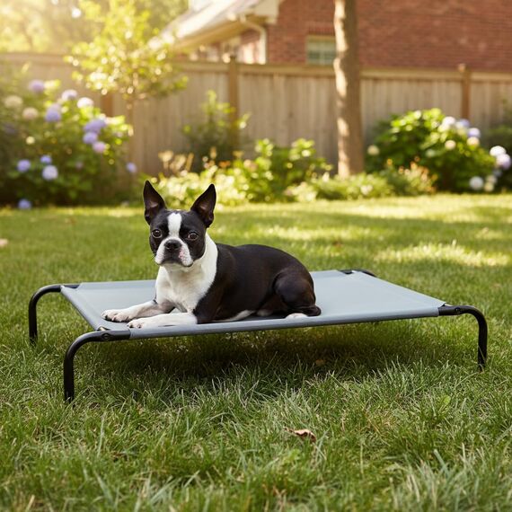 Amazon Basics Kühlendes erhöhtes Hund Haustierbett, Grau, Größe L, L 130 x B 80 x H 19 cm