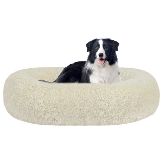 HMTOPE Orthopädisches Hundebett rund Hundekissen Hundesofa Katzenbett Donut Kuscheliges Hundekorb Waschbar, 90 cm Ø, Beige