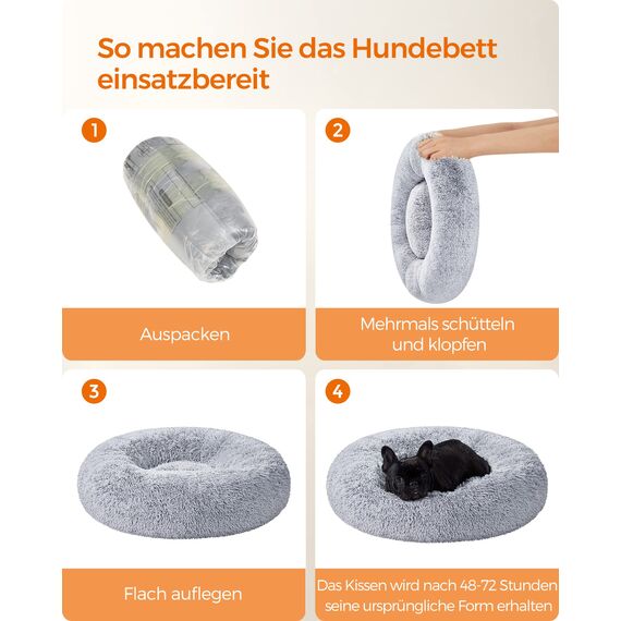 Feandrea Hundebett flauschig, Katzenbett, Donut Kissen, waschbar, Polsterung in der Mitte herausnehmbar, Langer Plüsch, 70 cm Durchmesser, Ombré-Grau PGW039G01