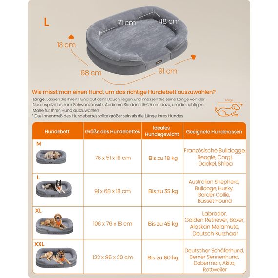 Feandrea Hundebett, Hundekissen, für große Hunde, 91 x 68 x 18 cm, orthopädisch, wasserdichte Innenschicht, erhöhte Ränder, Abnehmbarer, waschbarer Bezug, rutschfest, hellgrau PGW282G01