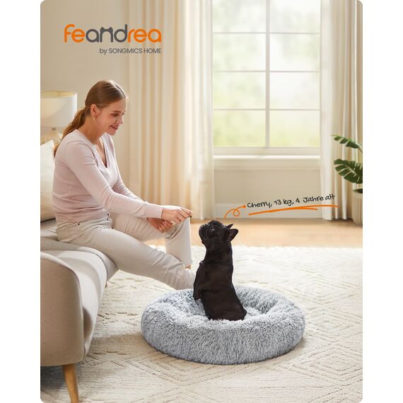 Feandrea Hundebett flauschig, Katzenbett, Donut Kissen, waschbar, Polsterung in der Mitte herausnehmbar, Langer Plüsch, 70 cm Durchmesser, Ombré-Grau PGW039G01