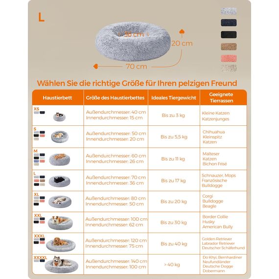Feandrea Hundebett flauschig, Katzenbett, Donut Kissen, waschbar, Polsterung in der Mitte herausnehmbar, Langer Plüsch, 70 cm Durchmesser, Ombré-Grau PGW039G01