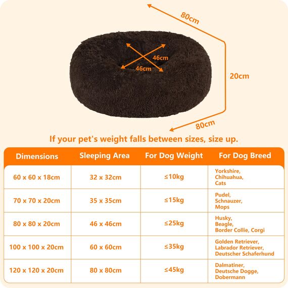 HMTOPE Orthopädisches Hundebett rund Hundekissen Hundesofa Katzenbett Donut Kuscheliges Hundekorb Waschbar, 80 cm Ø, Braun