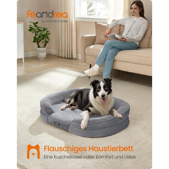 Feandrea Hundebett, Hundekissen, für große Hunde, 91 x 68 x 18 cm, orthopädisch, wasserdichte Innenschicht, erhöhte Ränder, Abnehmbarer, waschbarer Bezug, rutschfest, hellgrau PGW282G01