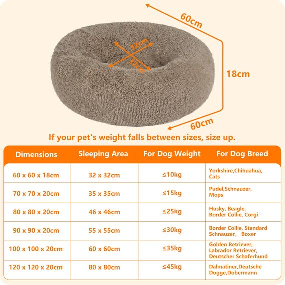 HMTOPE Orthopädisches Hundebett rund Hundekissen Hundesofa Katzenbett Donut Kuscheliges Hundekorb Waschbar, 60 cm Ø, Kamelbraun