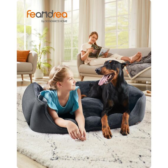 Feandrea Hundebett, Hundekissen in Leinenoptik, Hundekorb, erhöhte Ränder, rutschfeste Unterseite, Bezug abnehmbar waschbar, XXL, für extra große Hunde, 120 x 90 x 30 cm, dunkelgrau PGW013G01
