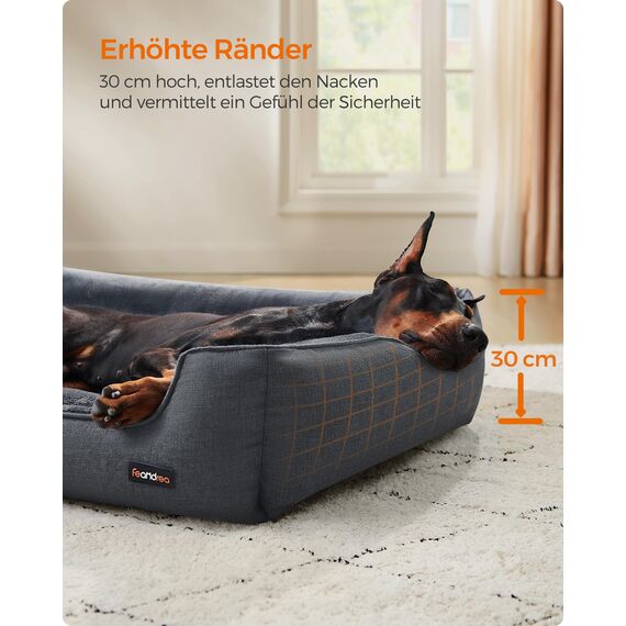Feandrea Hundebett, Hundekissen in Leinenoptik, Hundekorb, erhöhte Ränder, rutschfeste Unterseite, Bezug abnehmbar waschbar, XXL, für extra große Hunde, 120 x 90 x 30 cm, dunkelgrau PGW013G01