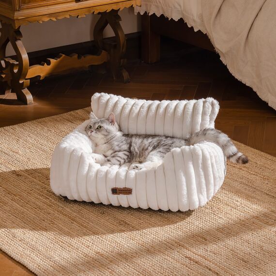 MEWOOFUN Hundesofabett - Katzenbetten für Hauskatzen Weich und Flauschig, Katzensofabett Kleines Hundebett für Hunde und Katzen, Beruhigendes Hundebett (Hafermilch, 61x48x30cm)