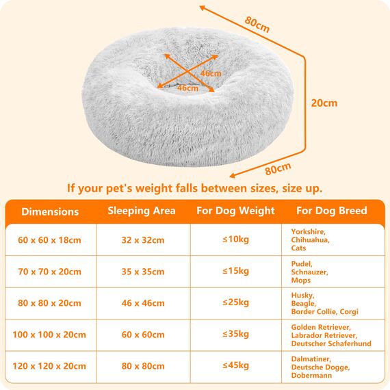HMTOPE Orthopädisches Hundebett rund Hundekissen Hundesofa Katzenbett Donut Kuscheliges Hundekorb Waschbar, 80 cm Ø, Hellgrau