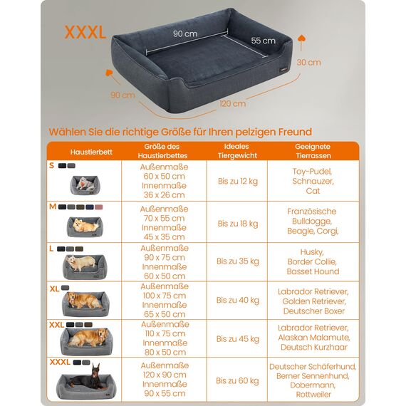 Feandrea Hundebett, Hundekissen in Leinenoptik, Hundekorb, erhöhte Ränder, rutschfeste Unterseite, Bezug abnehmbar waschbar, XXL, für extra große Hunde, 120 x 90 x 30 cm, dunkelgrau PGW013G01