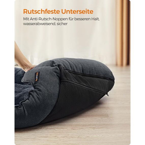 Feandrea Hundebett, Hundekissen in Leinenoptik, Hundekorb, erhöhte Ränder, rutschfeste Unterseite, Bezug abnehmbar waschbar, XXL, für extra große Hunde, 120 x 90 x 30 cm, dunkelgrau PGW013G01
