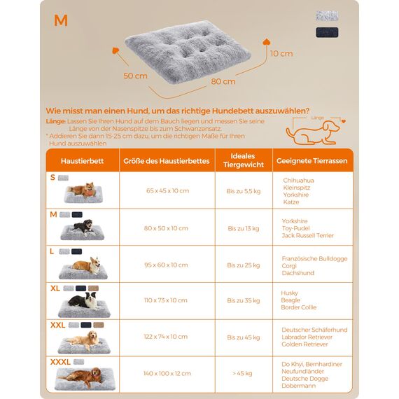 Feandrea Hundebett, Hundekissen, Flauschige Hundematte, Langer Plüsch, 80 x 50 cm, weiche Polsterung, maschinenwaschbar, multifunktional, Ombré-Grau PGW201G01