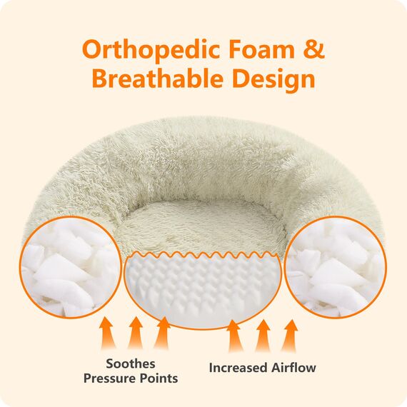 HMTOPE Orthopädisches Hundebett rund Hundekissen Hundesofa Katzenbett Donut Kuscheliges Hundekorb Waschbar, 90 cm Ø, Beige