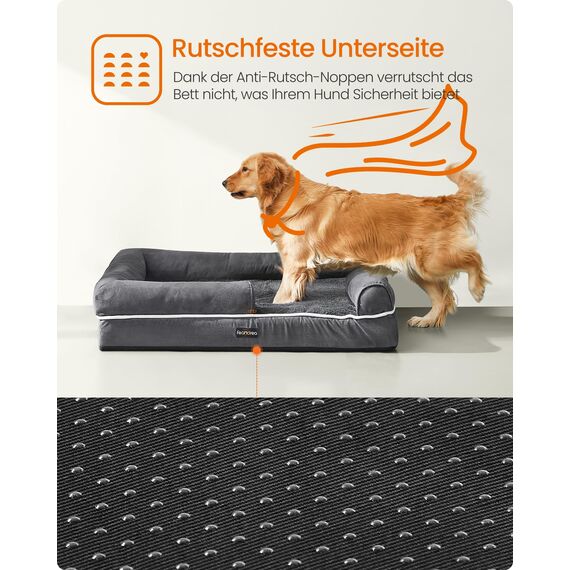 Feandrea Orthopädisches Hundebett, Hundekissen, Hundekorb, weiche Polsterung, Hundesofa, erhöhte Ränder, Bezug abnehmbar und waschbar, 106 x 71 x 18 cm, rutschfeste Unterseite, dunkelgrau PGW077G01V1