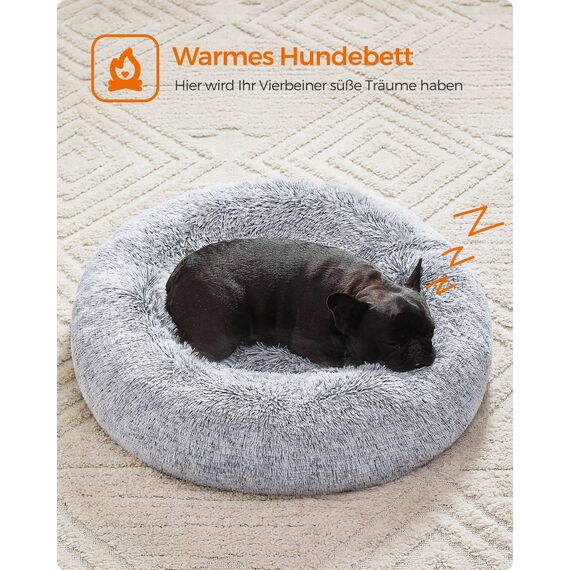 Feandrea Hundebett flauschig, Katzenbett, Donut Kissen, waschbar, Polsterung in der Mitte herausnehmbar, Langer Plüsch, 70 cm Durchmesser, Ombré-Grau PGW039G01