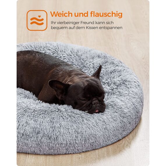 Feandrea Hundebett flauschig, Katzenbett, Donut Kissen, waschbar, Polsterung in der Mitte herausnehmbar, Langer Plüsch, 70 cm Durchmesser, Ombré-Grau PGW039G01