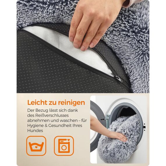 Feandrea Hundebett flauschig, Katzenbett, Donut Kissen, waschbar, Polsterung in der Mitte herausnehmbar, Langer Plüsch, 70 cm Durchmesser, Ombré-Grau PGW039G01