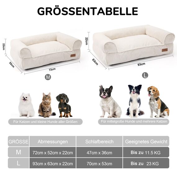 FUKUMARU Katzensofa Bett, Corduroy Gemütliches Katzenbett für drinnen mit abnehmbarem waschbarem Bezug, Stützendes Anti-Rutsch Hundebett Sofa für kleine Hunde, 72 x 52 x 22 cm, Mittel, Creme