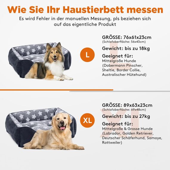 FURTIME Hundebett Grosse Hunde, Hundekorb Waschbar Hundekörbchen rutschfeste Hundebetten, Flauschig Hundematratze mit Erhöhte Ränder Weiches, Hundesofa für Hunde Katze, Schwarz/Sterne, 89x63x23cm