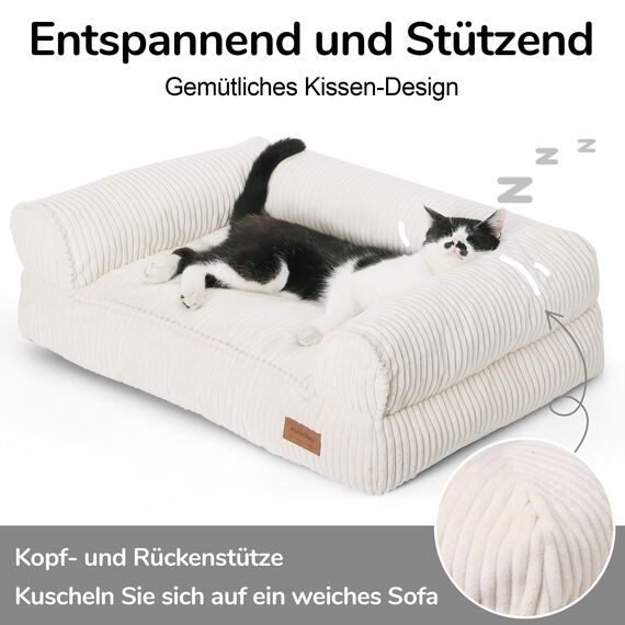 FUKUMARU Katzensofa Bett, Corduroy Gemütliches Katzenbett für drinnen mit abnehmbarem waschbarem Bezug, Stützendes Anti-Rutsch Hundebett Sofa für kleine Hunde, 72 x 52 x 22 cm, Mittel, Creme