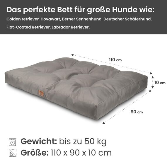 PET VIOLET Hundekissen große Hunde 110x90 cm - Robustes Oxford 600D Material, wasserabweisend, XXL Hundebett 10 cm Höhe, Wendekissen Outdoor geeignet - Grau