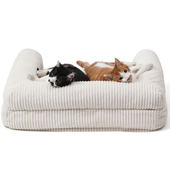 FUKUMARU Katzensofa Bett, Corduroy Gemütliches Katzenbett für drinnen mit abnehmbarem waschbarem Bezug, Stützendes Anti-Rutsch Hundebett Sofa für kleine Hunde, 72 x 52 x 22 cm, Mittel, Creme