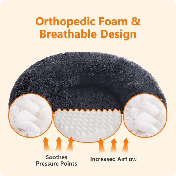 HMTOPE Orthopädisches Hundebett rund Hundekissen Hundesofa Katzenbett Donut Kuscheliges Hundekorb Waschbar, 120 cm Ø, Dunkelgrau