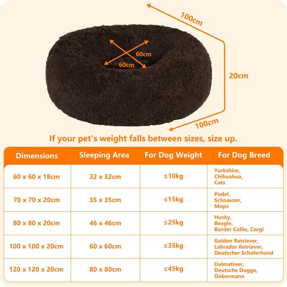 HMTOPE Orthopädisches Hundebett rund Hundekissen Hundesofa Katzenbett Donut Kuscheliges Hundekorb Waschbar, 100 cm Ø, Braun