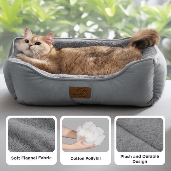 BEDSURE Katzenbett große Katzen waschbar - 63.5x53cm rutschfestes Hundebett kleine Hunde, quadratisches Katzenkorb mit weichem Rand, grau