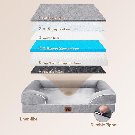 EHEYCIGA Orthopädisches Hundebett Grosse Hunde, 132x104cm, Memory Foam Hundekorb XXL, Waschbar Hundesofa Wasserdicht rutschfest, Hundecouch mit Hohem Rand, Grau