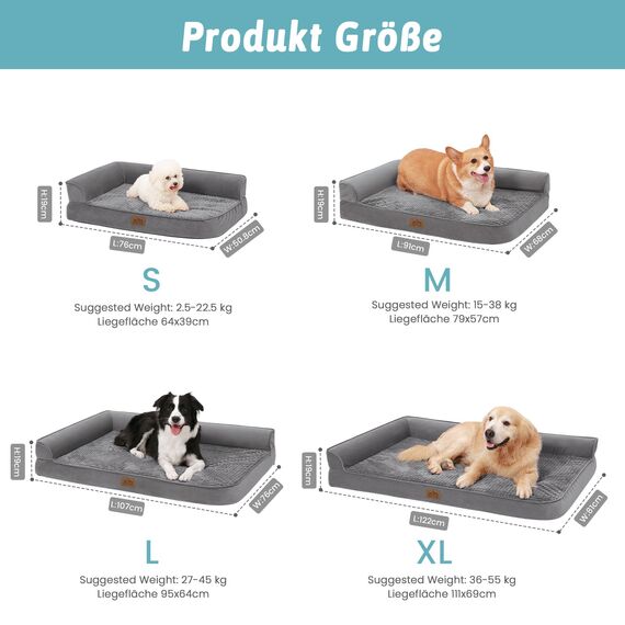 COZY KISS Orthopädisches Hundebett, 19cm Dicke Hundesofa für Mittelgroße Hunde, Abnehmbar und Waschbar Hundecouch, rutschfeste Unterseite, Wasserdichtes Innenfutter (Gris-L-Type, L(107 * 76 * 19CM)