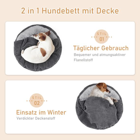 JOEJOY Hundebett Mittelgroße Hunde, Katzenbett Rund mit Decke, Hundekorb Waschbar Flauschig, Hundebetten für Katzen und Kleine Mittlere Hunde, 66x66x15cm