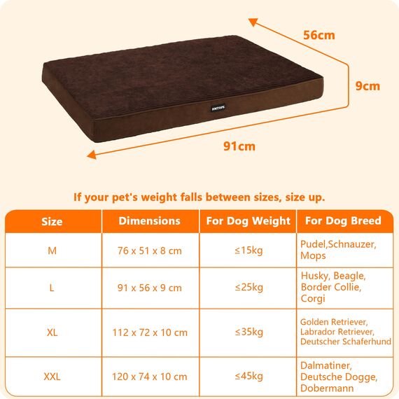 HMTOPE Orthopädisches Hundebett, 9cm Dicke Hundekissen für Mittelgroße Hunde, Abnehmbar und Waschbar Hundematte, rutschfeste Unterseite, Wasserdichtes Innenfutter, 91 cm, Braun