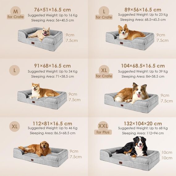 EHEYCIGA Orthopädisches Hundebett Grosse Hunde, 132x104cm, Memory Foam Hundekorb XXL, Waschbar Hundesofa Wasserdicht rutschfest, Hundecouch mit Hohem Rand, Grau