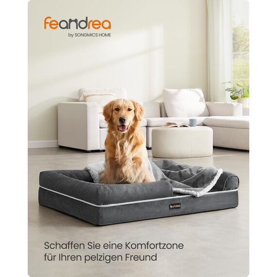 Feandrea Orthopädisches Hundebett, Hundekissen, Hundekorb, weiche Polsterung, Hundesofa, erhöhte Ränder, Bezug abnehmbar und waschbar, 112 x 81 x 18 cm, rutschfeste Unterseite, dunkelgrau PGW068G01V1