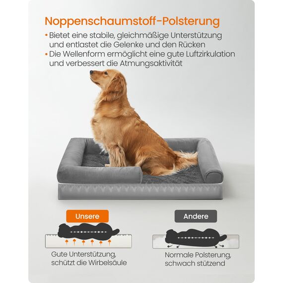 Feandrea Orthopädisches Hundebett, Hundekissen, Hundekorb, weiche Polsterung, Hundesofa, erhöhte Ränder, Bezug abnehmbar und waschbar, 106 x 71 x 18 cm, rutschfeste Unterseite, hellgrau PGW077G02V1