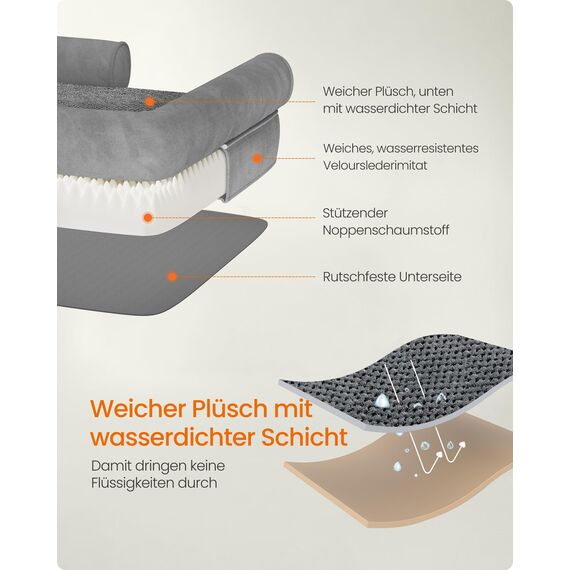 Feandrea Orthopädisches Hundebett, Hundekissen, Hundekorb, weiche Polsterung, Hundesofa, erhöhte Ränder, Bezug abnehmbar und waschbar, 76 x 51 x 18 cm, rutschfeste Unterseite, hellgrau PGW074G02V1
