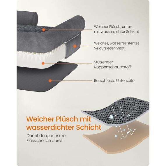 Feandrea Orthopädisches Hundebett, Hundekissen, Hundekorb, weiche Polsterung, Hundesofa, erhöhte Ränder, Bezug abnehmbar und waschbar, 112 x 81 x 18 cm, rutschfeste Unterseite, dunkelgrau PGW068G01V1